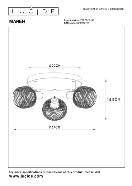 Lucide MAREN - Ceiling spotlight - Ø 37 cm - 3xE14 - Black - technical